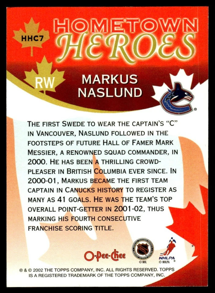 2002-03 O-Pee-Chee Hometown Heroes Canada Markus Naslund Vancouver Canucks #HHC7 - Image 2 of 2