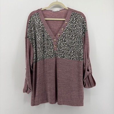 Messic Women's XL Heathered Mauve Leopard Print V-Neck Roll-Tab Sleeve Top