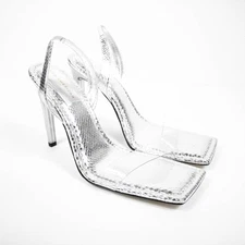 Good American Silver Strappy Open Toe High Heels Square Toe Snake Women Size 10