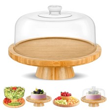 Bamboo Cake Stand With Dome Multi Function 6 In 1 Cake Holder Serving Platter...