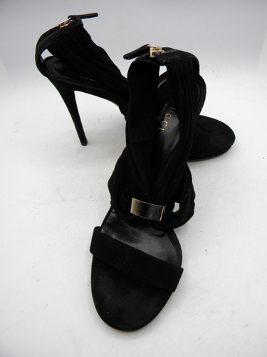 GUCCI Black Suede Strap Gold Logo High Heel Sandals Zip EU 37.5 US 7.5 - Picture 12 of 13