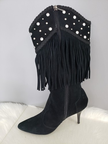Colin Stuart Heel Rhinestone Western Fringe Cowboy Cowgirl Boots Y2k Suede 90s - Picture 7 of 10