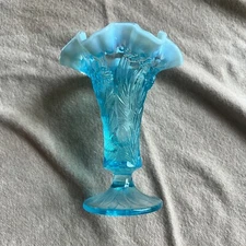 FENTON blue clear floral tall Ribbon Candy Edge vase