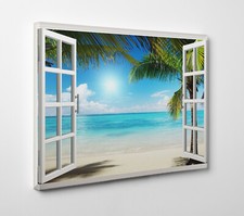 Canvas Wall Art Picture 3D Window Beach Sand Effect Print Sea Holiday Sunny View