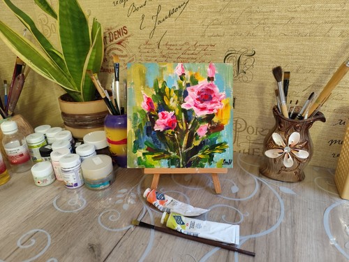 Original Art Pink Roses Handmade Artwork Flowers Exclusive Oil Painting Canvas - Picture 3 of 13