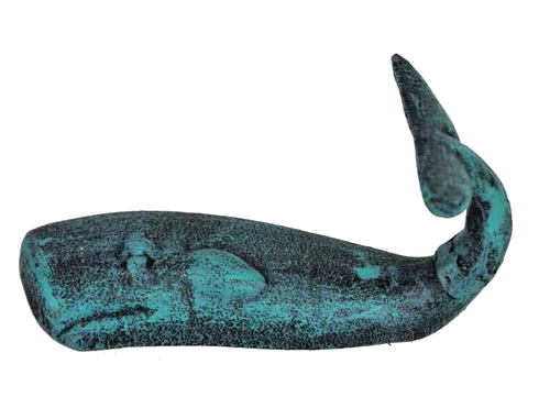 Whale Wall Hook Cast Iron Towel Holder Coat Hanger Seaworn Blue Nautical 6" - 第 3/4 張圖片