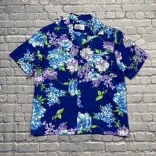 Vintage Hilo Hattie Shirt Men's Large Blue Purple Colorful Floral Hawaiian
