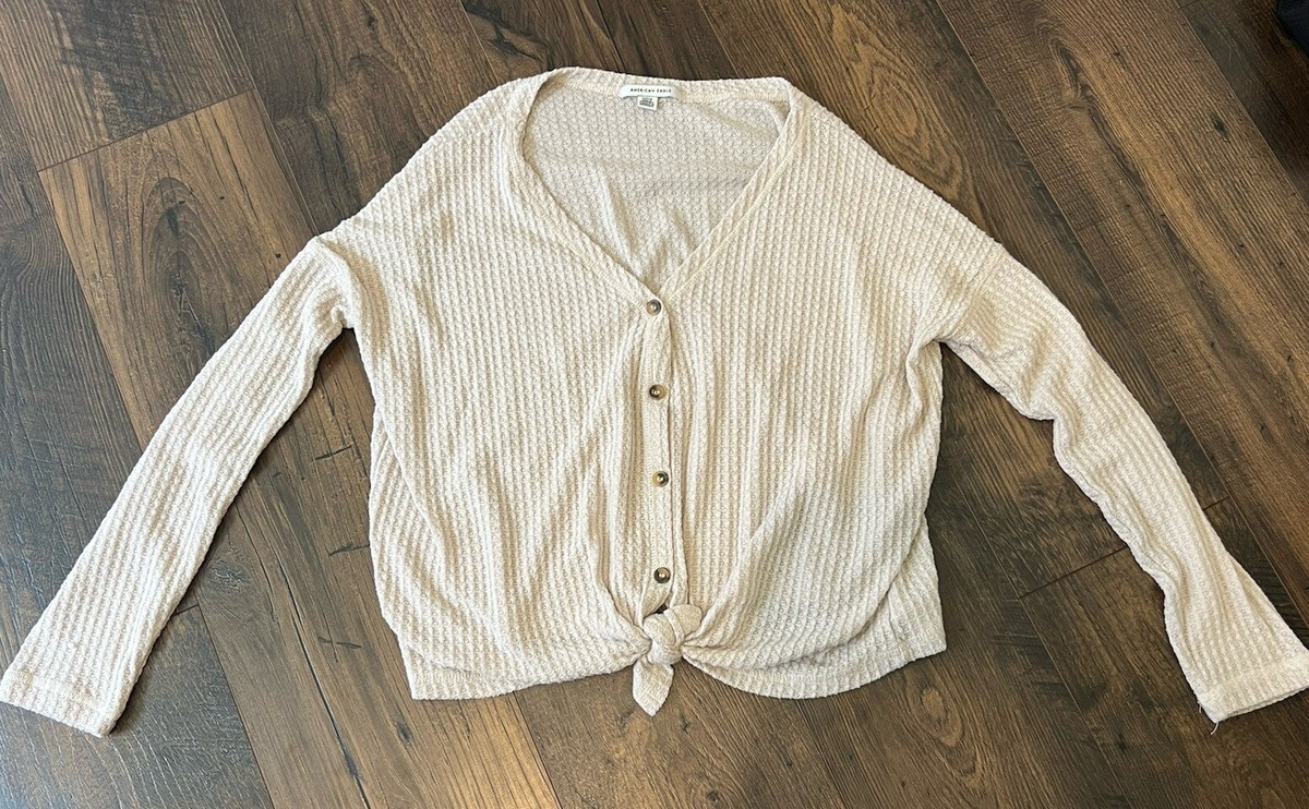 American Eagle Cardigan Button Front Tie V Neck Waffle Knit Cream