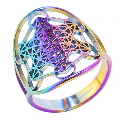 Rainbow Metatrons Cube Ring Stainless Steel Spiritual Sacred Geometry Band