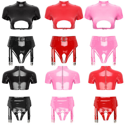 Women Nightwear High Waist Clubwear Latex Lingerie Garter Belt Bikini Set Sexy