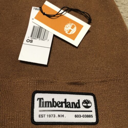 Timberland Long Logo Patch Cuff Beanie Wheat Brown Soft Double-Layer Knit Hat - Picture 4 of 4