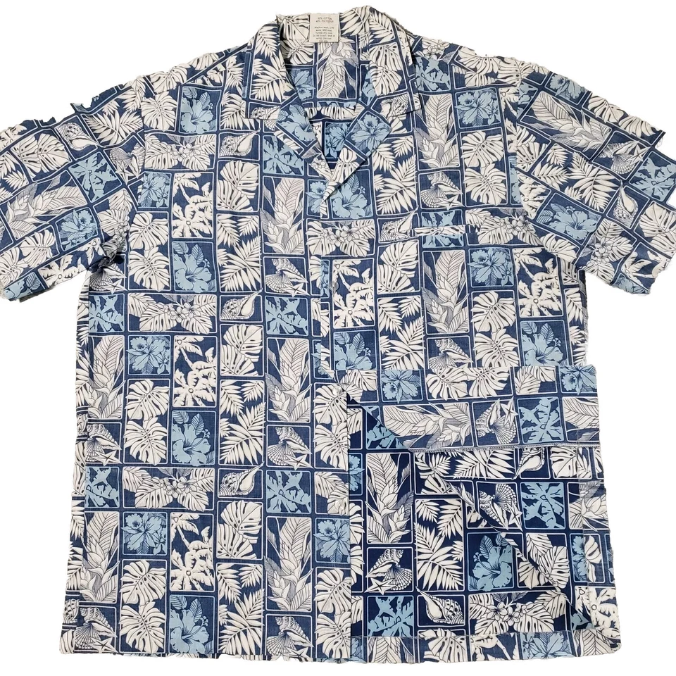 Camisa Royal Creations Para Hombre L Azul Blanco Conchas Marinas Hojas Estampado Reverso Hawaiano Foto 2 de 4