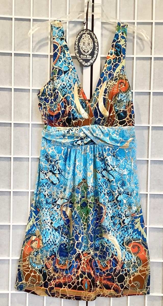 Beach Summer Sleeveless Dress Size L Padded Multi Print W/ Gold Metallic New Beach Summer Sleeveless Dress Size L Padded Multi Print W/ Gold Metallic New