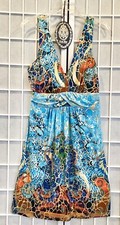 Beach Summer Sleeveless Dress Size L Padded Multi Print W/ Gold Metallic New