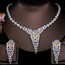 Sparkling Long Chandelier Earrings Necklace Silver Plated CZ Wedding Jewelry Set