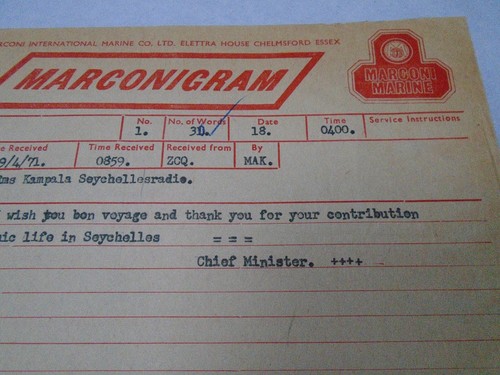 RMS Kampala MARCONIGRAM TELEGRAM SECHELLES GOVT CHIEF MINISTER/ LINER INTEREST / - Picture 4 of 7