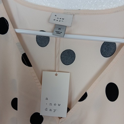 A New Day Dress Womens Medium Beige Dots Midi High Low Short Puff Sleeves NWT - Picture 8 of 14
