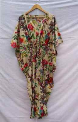 Vogel Druck Kaftan Damen Übergröße Tunika Strand Maxi Poncho Kleid Sommer