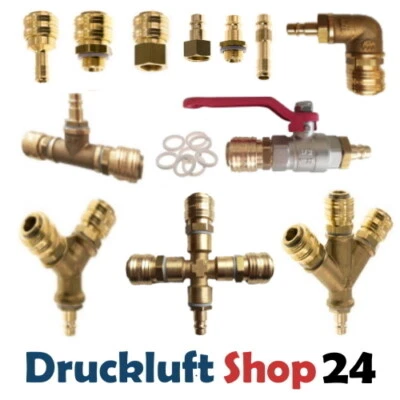 Druckluft Kupplung Stecker Nippel Verteiler Y+T 2 3 fach Absperrhahn Winkel