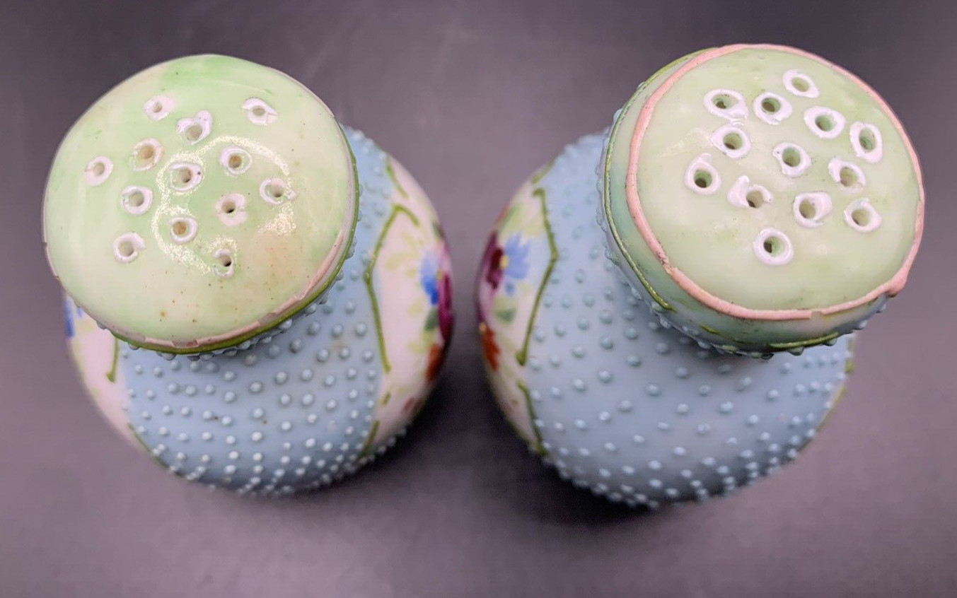 Nippon Hand Painted BLUE Nubbed Moriage Salt & Pepper Shakers Floral Decoration