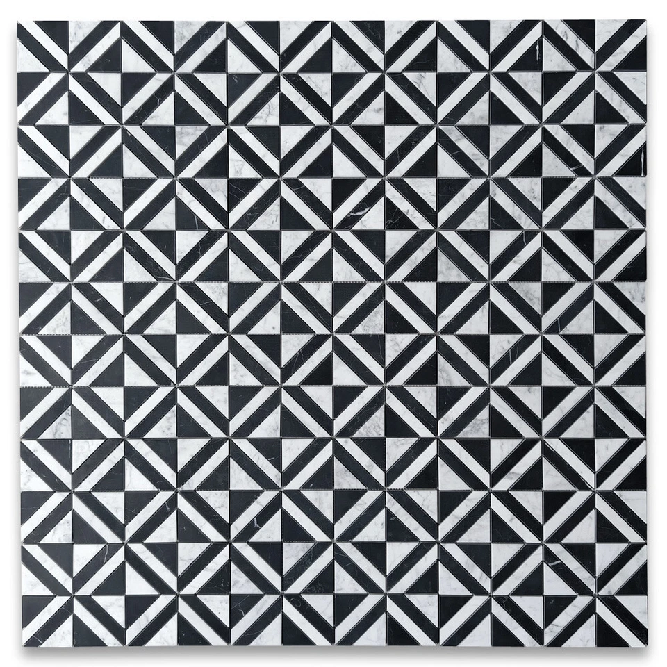 C85E1XH Carrara Blanco Mármol Rayas Cuadrado Laberinto Mosaico Azulejo Marquina Negro Foto 2 de 4