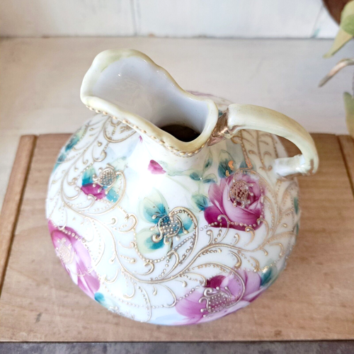 Antique Porcelain Nippon Handpainted Roses Moriage Ewer Vase - Picture 7 of 7