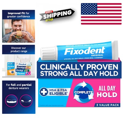 Dentist Recommended Denture Adhesive Cream, 2.4 oz, 3 Pack - All-Day Secure Fit