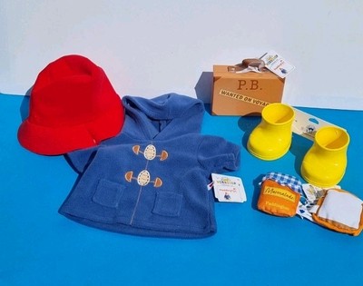 BUILD A BEAR Paddington Bär Mantel Hut marmeladengelbe Stiefel & Koffer neu mit Etikett 