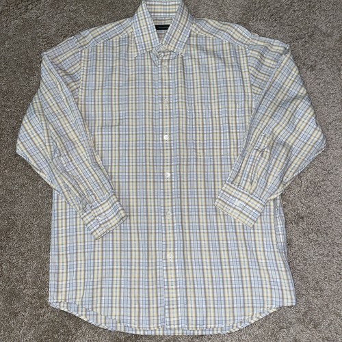 Ermenegildo Zegna Mens M Plaid Shirt Yellow Gray Cotton Long Sleeve Button Up