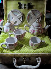 Delton Porcelain Tea Set In Original White Wicker Basket Complete