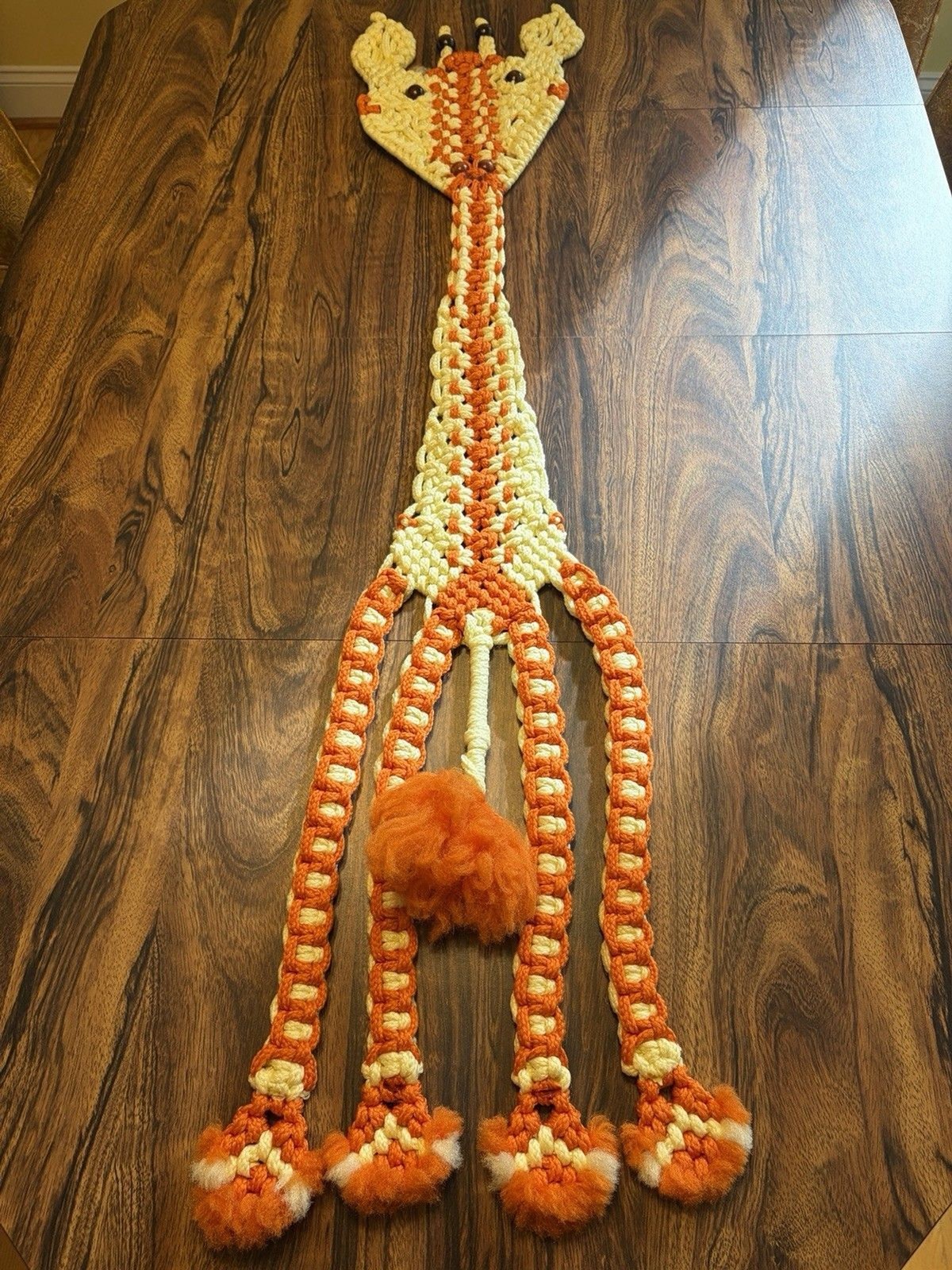 1970s Macrame Giraffe Wall Hanging 52” Long Handmade Kitschy Vintage Decor