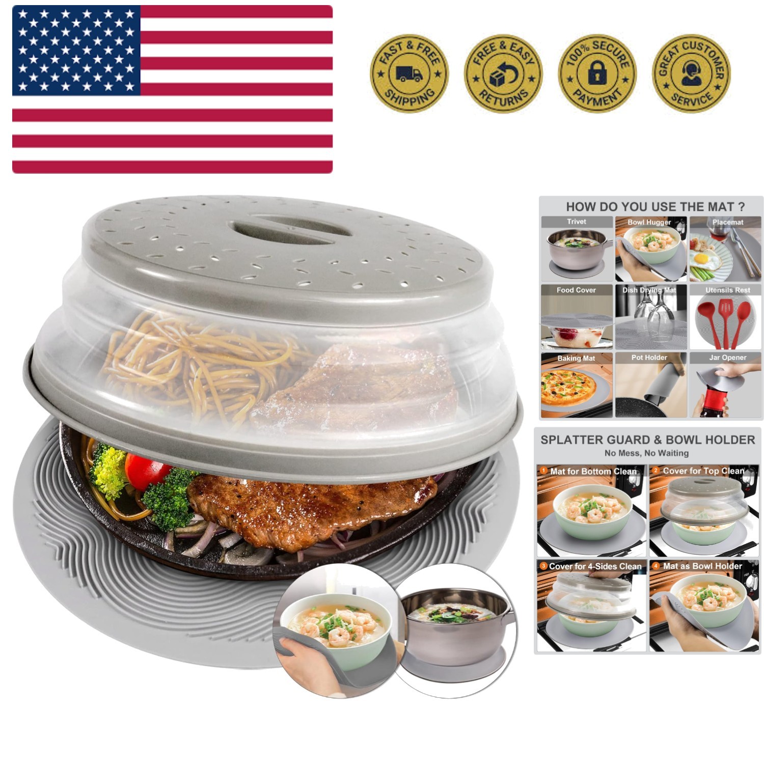 10.5 inch Gray Microwave Cover & Splatter Guard - Versatile Kitchen Essential