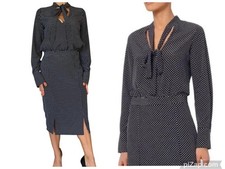 ALEXIS Noelle Navy Polka Dot Tie Neck Slit Midi Dress Long Sleeve Retro READ S