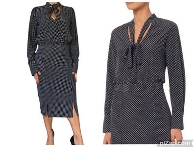 ALEXIS Noelle Navy Polka Dot Tie Neck Slit Midi Dress Long Sleeve Retro  READ S