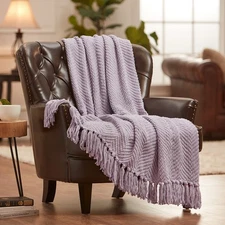 Premium Textured Knit Throw Blanket with Tassels - Soft, Cozy Blanket for Cou...