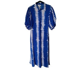 B FYNE Blue Tie Dye Asymmetrical Button Front Puff Sleeve Midi Dress Womens XL