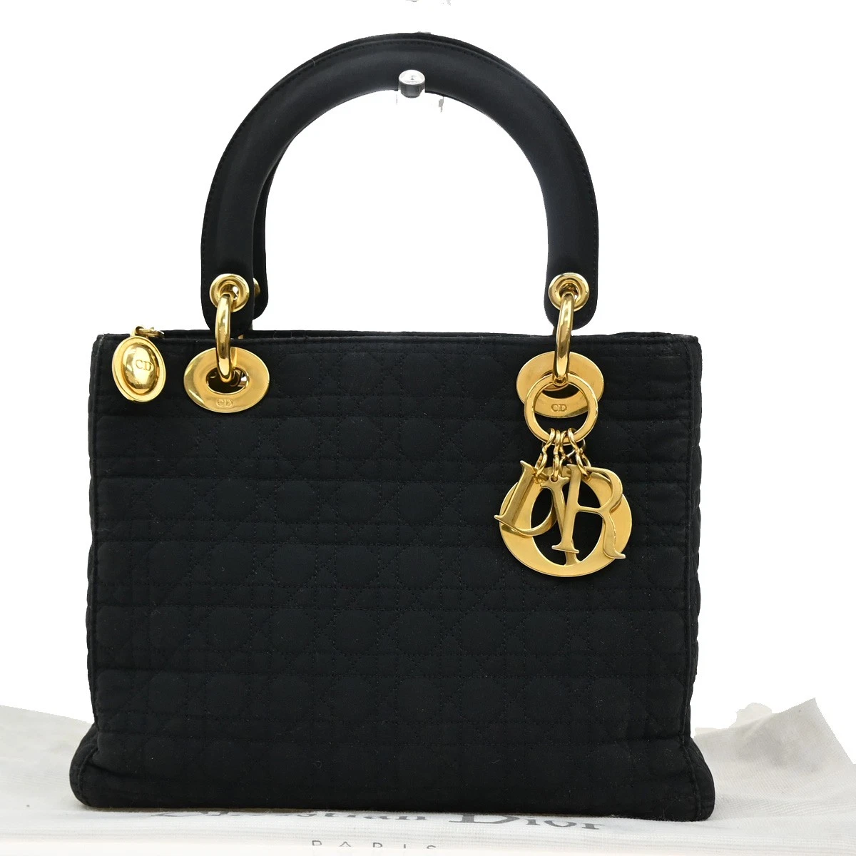 Sac à main CHRISTIAN DIOR logo Lady Cannage nylon cuir noir GHW Italie 75YH200