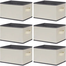 6 Pack Beige Small Fabric Storage Bins, 11.4x8.7x6.7-in, Collapsible, Handle