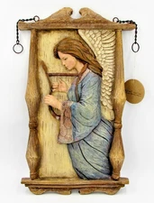 CARVED Wood Look 3D WINGED ANGEL Playing HARP Hanging Chain Wall PLAQUE 19" 2005