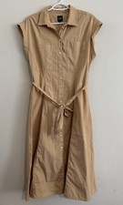 GAP Womens Midi Shirt Dress Tan Button Front Belted Cotton M Petite