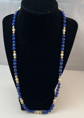 Vintage 14K Gelbgold blau Lapis & Perle Perlen Halskette 25''