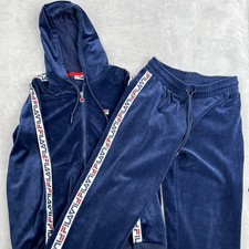 FILA Velour Tracksuit Set M Navy Women 2pc Hoodie Joggers Logo Tape Y2K Retro