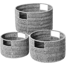 Wicker Storage Basket, Hand-Woven Paper Rope Large Round Woven Basket With Ha...