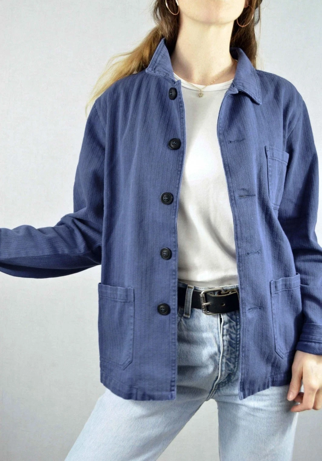French Chore Jacket 60s Style Washed Indigo Blue Workwear Herringbone Cotton