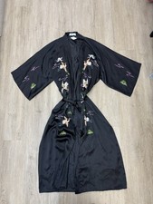 Vtg Chinese Black Satin Embroidered Bird Kimono Robe Tie Size L