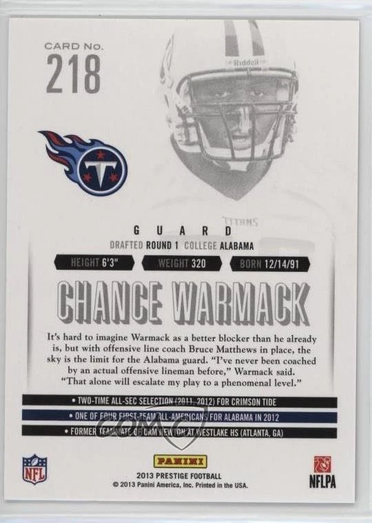 2013 Panini Prestige Extra Points Green /25 Chance Warmack #218 Rookie RC - Image 2 of 2