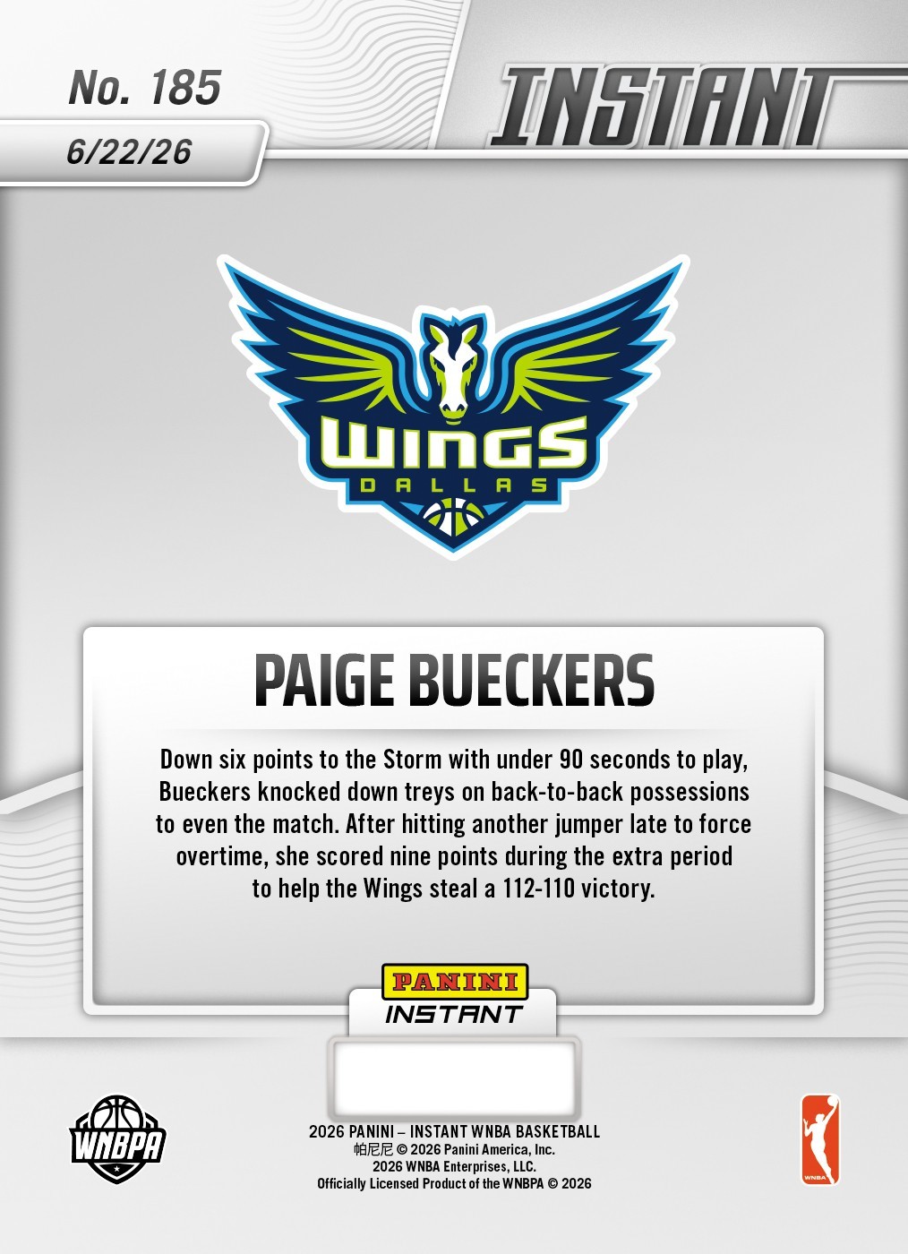 2026 Panini Instant WNBA #185 Paige Bueckers Dallas Wings PRESALE view 2