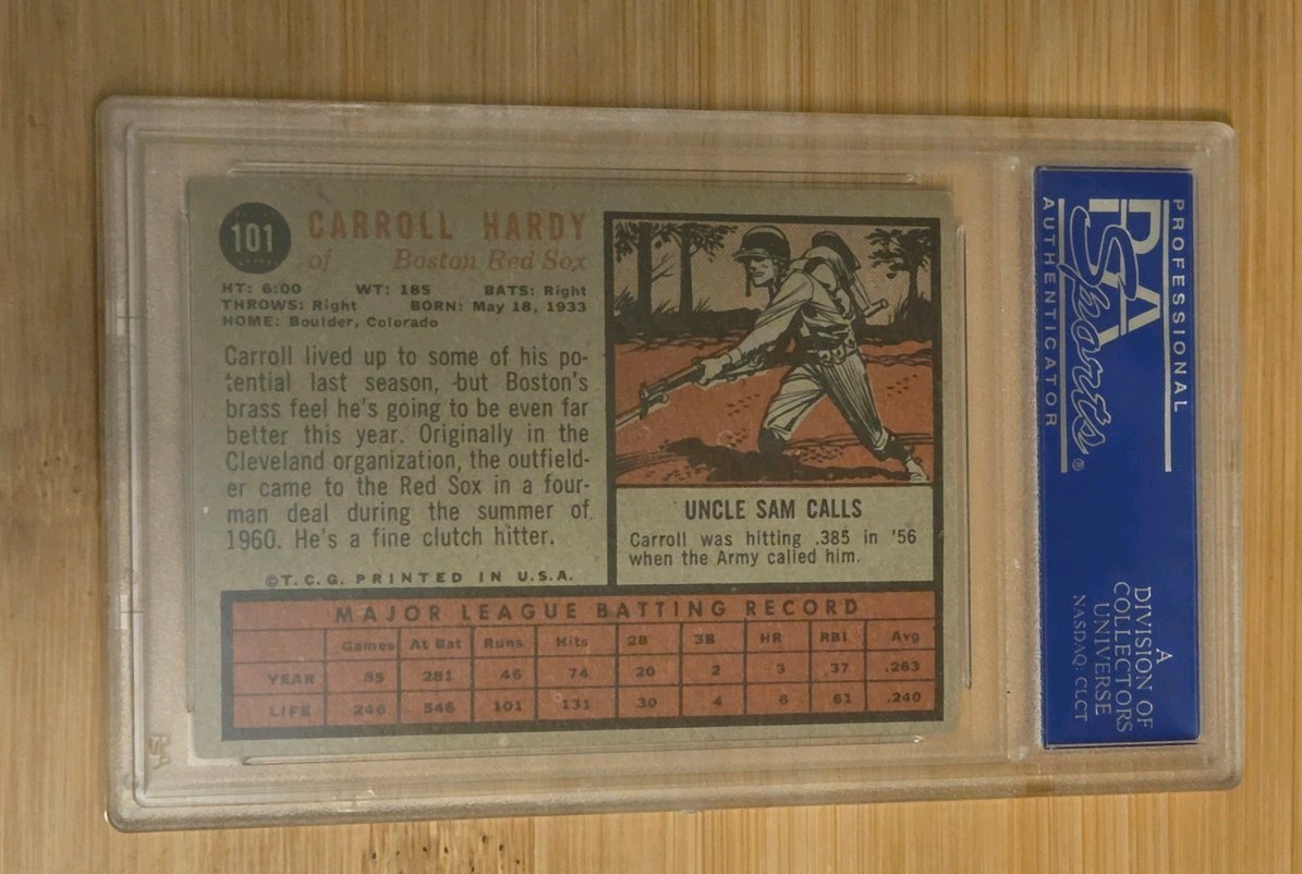 VINTAGE BASEBALL CARD TOPPS 1962 CAROLL HARDY BOSTON RED SOX  PSA Autograph  view 5