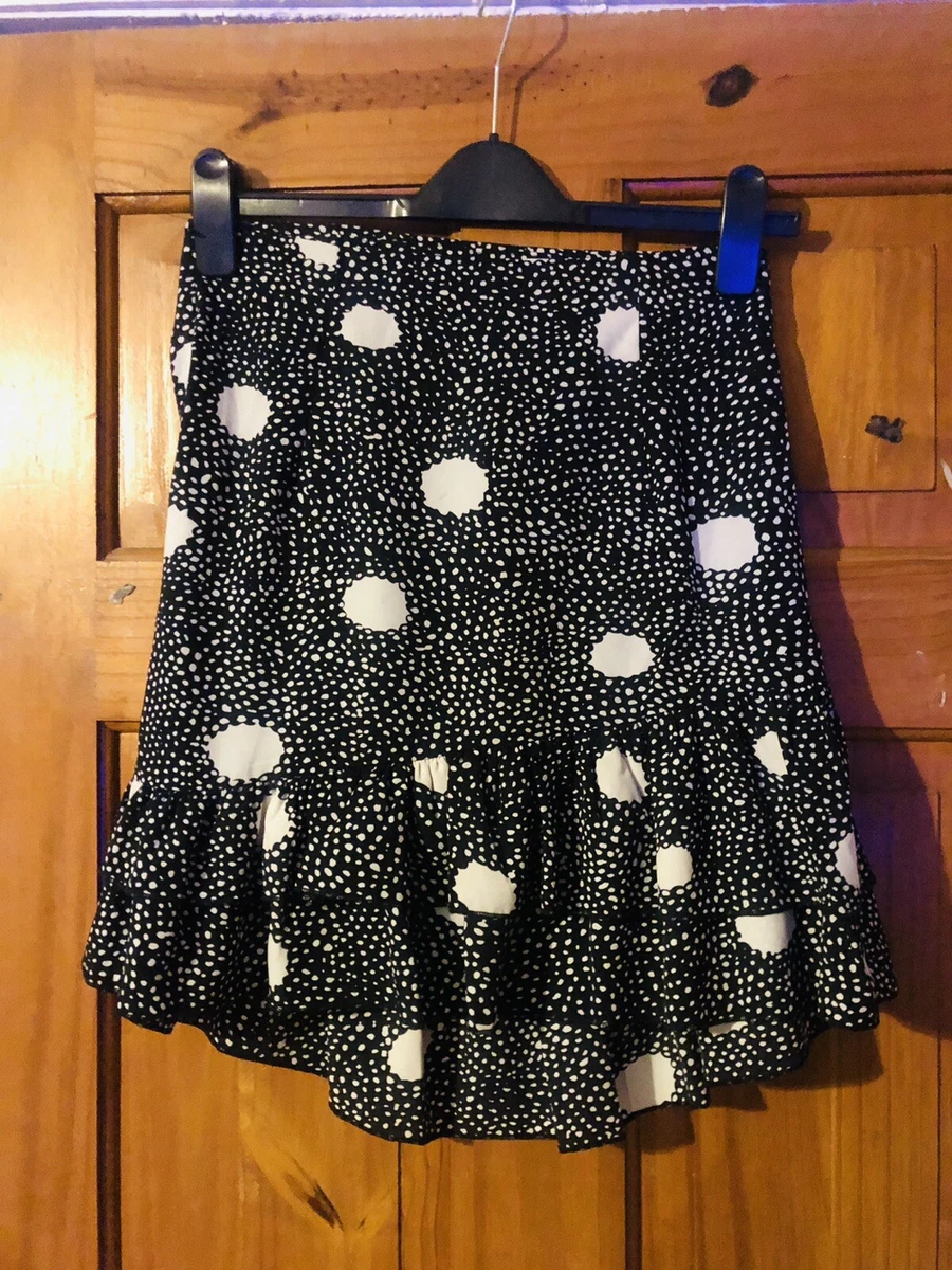 Boohoo Black White Spot Print Ruched Side Frill Hem RaRa Skirt Size 8