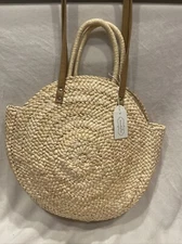 Mud Pie Raffia Round Tote With Top Handles And Leather Straps Beach Bag